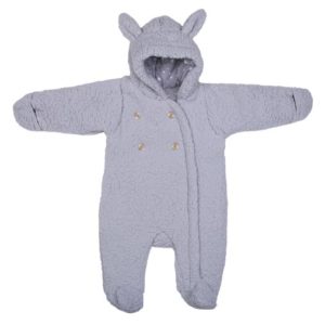 Combi pilote lapin en sherpa gris vendu par reves de fil assorti avec bonnet et chausson lapin